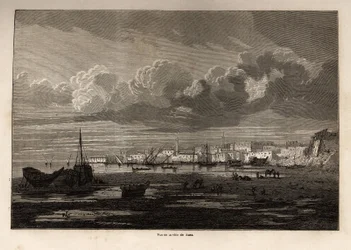 Widok miasta Suez (Egipt), rysunek Greneta, ilustrujący wycieczkę do Kanału Sueskiego w 1862 r., autorstwa Paula Merruau. Grawerowanie w „”Le tour du monde””, pod redakcją Edouarda Chartona
