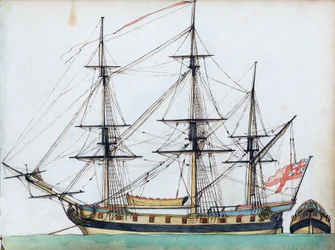 Brytyjski okręt z 20 działami, ukazujący takielunek i łódź okrętową oraz osobny widok rufy, ok. 1780 r. (akwarela, piórko i tusz)