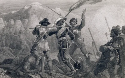 Wojna Pequod, 1636, z „Historii Stanów Zjednoczonych”, tom. I, Charles Mackay, grawerowane przez James Charles Armytage (c.1820-97)