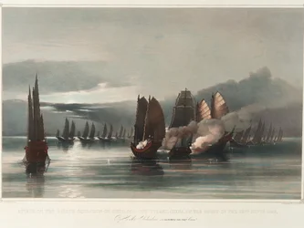 Atak na piracką eskadrę Chuiapoo u wybrzeży Tysami w Chinach w nocy 28 września 1849 r. przez HMS Columbine, J.C. Dalrymple Hay, Esqr, Commr, ok. 1849 r. (druk, litografia, kolorowana)