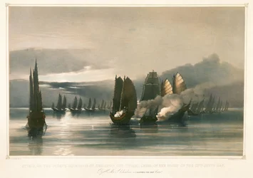 Atak na piracką eskadrę Chuiapoo u wybrzeży Tysami w Chinach, 28 września 1849 r., połowa XIX w. (litografia)