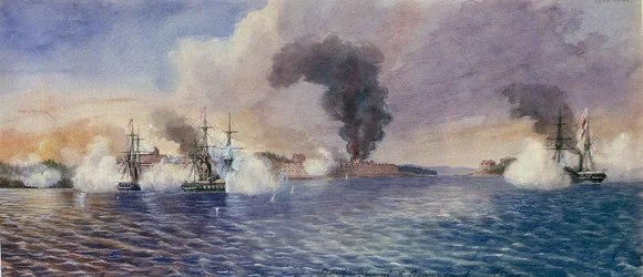 Bombardowanie Bomarsundu (Finlandia), sierpień 1854, podczas wojny krymskiej (1853-1856). Akwarela Edwarda Hodgesa Creego (1814-1901).