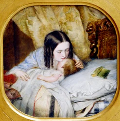 Nocny pocałunek. Matka całuje swoje dziecko, które właśnie zasnęło. Obraz Edwarda Hughesa (1832 - 1908), XX wiek. Lyon, Musée des Beaux-Arts