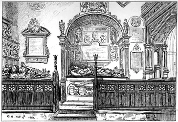 Ławka w kościele Clopton, Stratford-upon-Avon, Warwickshire, 1885.
