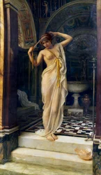 "Diadumene" Młoda naga kobieta zawiązująca opaskę na oczach w antycznej wannie. Obraz Edwarda Johna Poyntera (1836-1919) (klasycyzm) z 1893 r.