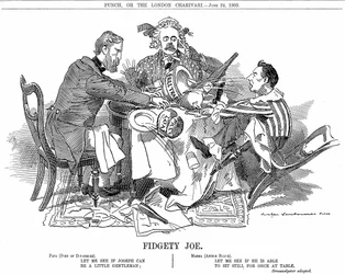 Rząd koalicyjny. Książę Devonshire i Arthur Balfour pośrodku próbują zapanować nad Josephem Chamberlainem, przywódcą mniejszej partii w koalicji. We wrześniu 1903 roku zrezygnował, aby móc swobodnie opowiadać się za swoimi reformami taryfowymi.