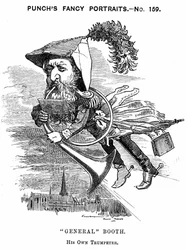 „Generał” William Booth (1829-1912) ewangelicki pracownik socjalny, założyciel Armii Zbawienia. Edward Linley Sambourne „Fancy Portrait” z Punch (Londyn 27 października 1883). Grawerowanie drewna.