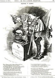 Utrzymuj to w ryzach. Otto von Bismarck (1815-1898) Kanclerz Niemiec, próbujący wepchnąć Jacka Socjalizmu z powrotem do swojej loży. Podpisy mówią mu, że każdy akt represji jest eliksirem ludzkiego pragnienia większej wolności. Karykatura Edwarda Linleya S
