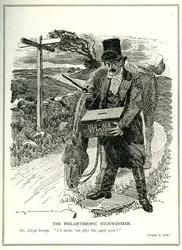 „Filantropijny rozbójnik”, Lloyd George z funduszu emerytalnego, rysunek z magazynu „Punch”, 5 sierpnia 1908
