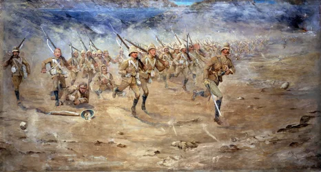 Powrót do przodu i do tyłu, Gloucestershire Regiment posuwający się do ataku, Indie North West Frontier, 1897
