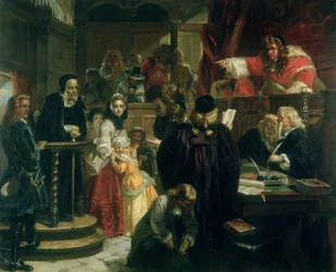 Sędzia Jeffries (1648-89) obrzucający Richarda Baxtera (1615-91) wyzwiskami podczas jego procesu sądowego