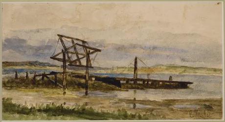 Krajobraz z dokiem, morzem i plażą (nr 18), ok. godz. 1880 (akwarela na papierze)