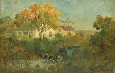 Człowiek z basenem do picia w wozie z wołami przy basenie, 1895.