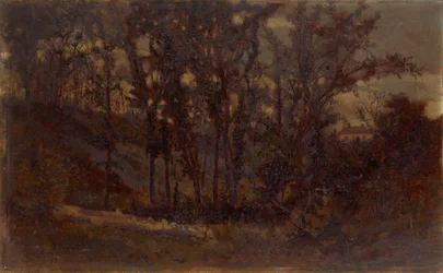 Scena leśna bez tytułu, zwalone drzewo na pierwszym planie i dom w tle, 1873.
