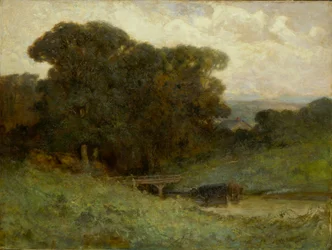 Scena leśna bez tytułu z mostem, krowy w strumieniu na pierwszym planie, 1897.