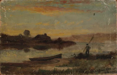 Pejzaż bez tytułu, łódź zacumowana przy brzegu z idącym mężczyzną, 1896.