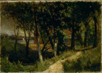 Pejzaż bez tytułu, scena leśna z czerwonym płotem i budynkiem, 1893 r.