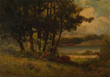 Krajobraz bez tytułu z krowami pasącymi się w pobliżu rzeki, 1891.