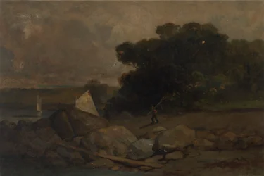 Krajobraz bez tytułu ze skałami, człowiekiem i żaglówkami, 1895.