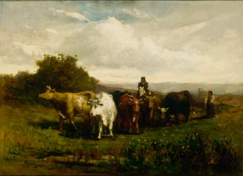 Mężczyzna bez tytułu na koniu, kobieta na piechotę pędząca bydło, 1880 r.