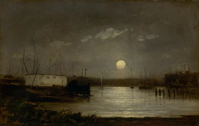 Księżyc bez tytułu nad portem, scena na nabrzeżu z pełnią księżyca i masztami łodzi, ca. 1868.