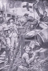 Fałszywy karetka pogotowia niszcząca sklepy w Komati Foort pod osłoną flagi Czerwonego Krzyża, ilustracja z filmu After Pretoria: The Guerilla War, 1902