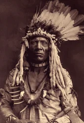 Ogon Łasicy (Apohsuyis). Ten Indianin Piegan nosi słynne wojenne nakrycie głowy z orlich piór i skóry łasicy, zamszową tunikę, dwa naszyjniki, jeden z kości, a drugi z pazurów grizzly, oraz fajkę tomahawk. Fotografia zaczerpnięta z tomu 6 opublikowanej