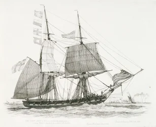 "Wolf" (1826) lub (1814), bryg wojenny należący ostatnio do Royal Navy, dający sygnał i płynący na poszukiwanie pilota u wybrzeży Dover.