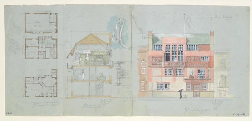 Elewacja frontowa i sekcja dla domu i pracowni dla Franka Milesa (1852-91), Tite Street, Chelsea, 1878-79 (wc i ołówek na papierze) (patrz także 176481-482, 176484-485)