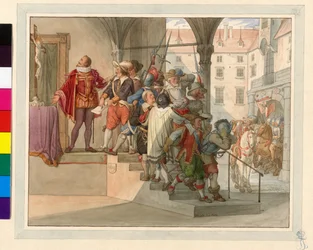 Delegacja austriackich protestantów stoi przed cesarzem Ferdynandem II. 1619 (petycja Sturma)