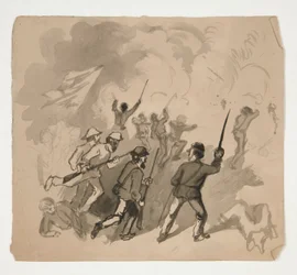 scena bitwy z wojny secesyjnej (recto); Niezidentyfikowana ilustracja mężczyzny w lesie (verso)