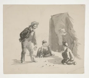 Czterech chłopców grających w kulki (recto); Niezidentyfikowana ilustracja chłopca przy sztalugach we wnętrzu (verso)