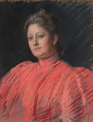 Portret pani Abbey w różowej sukience, długość do pasa