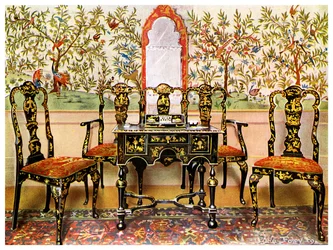Kanapa, krzesła i stół z czarnego lakieru oraz lustro z czerwonego lakieru, 1910 r.