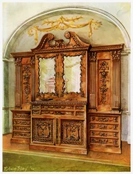 Rzeźbiony, zamknięty regał z mahoniu, styl Chippendale, wpływy francuskie, 1911-1912.