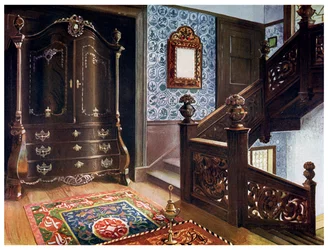Szafa na bomby z rzeźbionego orzecha włoskiego z gonionymi wierzchowcami, 1910 r.