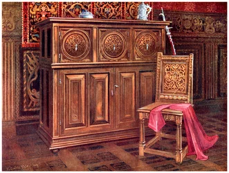 Szafka dębowa i krzesło z orzecha, 1910.
