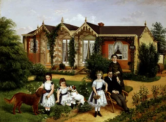 Alma Cottage 1874. Portret rodzinny w ogrodzie przed wiejskim domem. Obraz namalowany przez Edwina Fredericka Holta (19 wiek około 1910 Brytyjczyk) Prywatna kolekcja