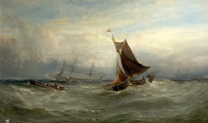 Łodzie podczas wichury u wybrzeży Ostendy, Belgia, 1875 r.