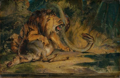 Lew w obronie swojej zdobyczy, c. 1840.