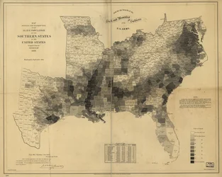 Mapa przedstawiająca rozmieszczenie populacji niewolników w południowych stanach Stanów Zjednoczonych, opracowana na podstawie spisu ludności z 1860 r
