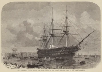 HMS Agamemnon, 91 dział, transportuje angielską część atlantyckiego kabla podwodnego w East Greenwich.