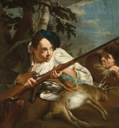 Myśliwi odpoczywający z martwą zwierzyną w zalesionym krajobrazie, ok. 1705-84 (olej na płótnie)