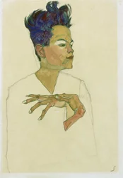 Autoportret z rękami na klatce piersiowej. (Autoportret Z Rękami Na Klatce Piersiowej). Praca Egona Schiele (1890-1918), akwarela i kreda na papierze
