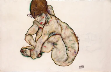 Przyczajona naga dziewczyna - Schiele, Egon (1890-1918) - 1914 - Czarna kreda, Gwasz na papierze - 31,5x48,2 - Muzeum Leopolda, Wiedeń