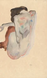 Kucający akt w butach i czarnych pończochach, widok od tyłu, 1912