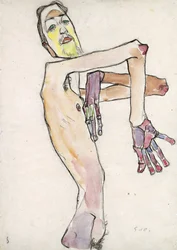 Erwin Dominik Osen (1891-1970) jako Akt ze skrzyżowanymi rękami par Schiele, Egon (1890-1918). Czarna kreda, akwarela na papierze, format : 44,7x31,5