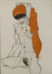 Akt kobiecy z pomarańczowo-czerwoną tkaniną, 1914