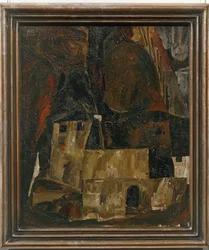 Haus und Mauer vor hügeligem Gelände - Dom i ściana przed pagórkowatym krajobrazem ...