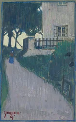 Krajobraz z domem, drzewami i kobiecą postacią par Schiele, Egon (1890-1918)